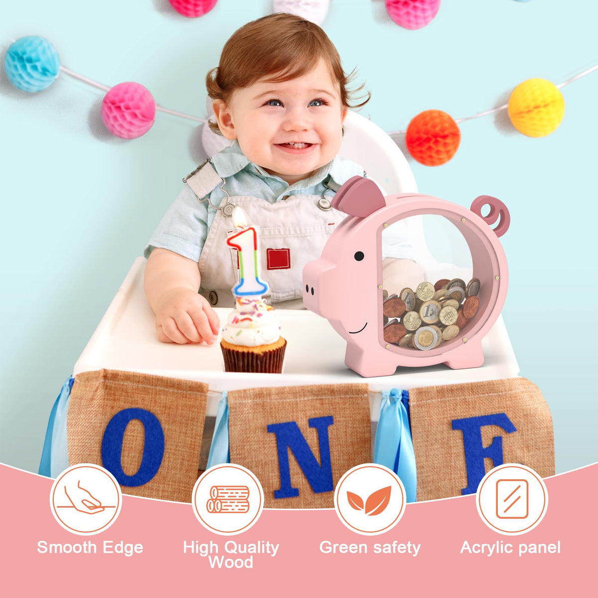 ELX pink piggy bank plexiglass view encourages watching savings grow safely.