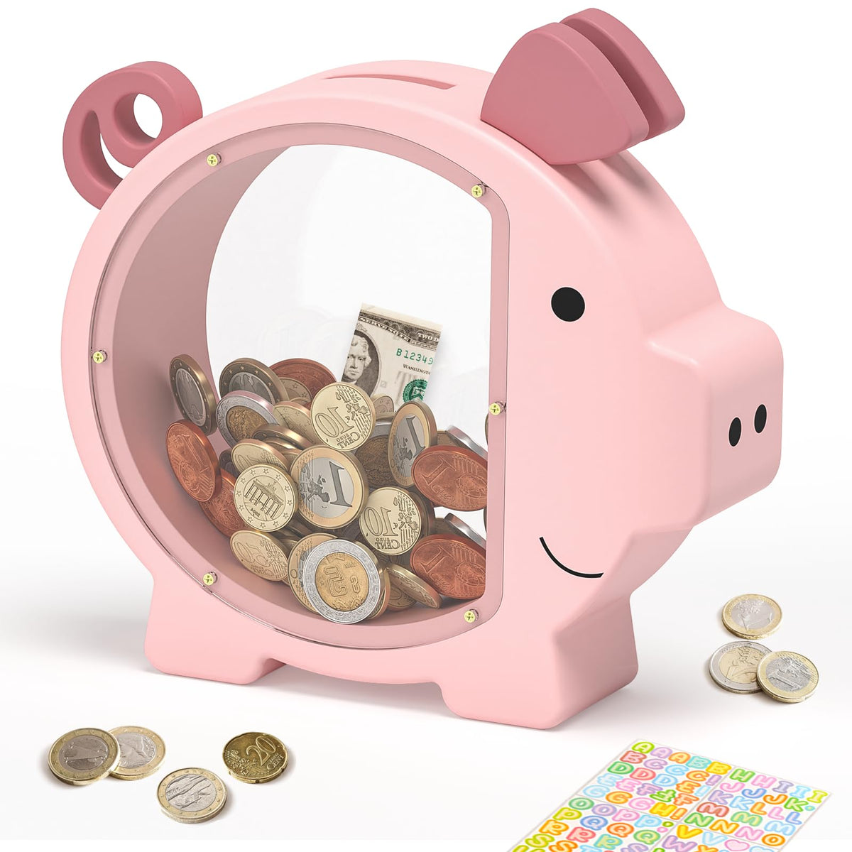 ELX pink piggy bank wooden design helps kids save with a charming room decor piece.