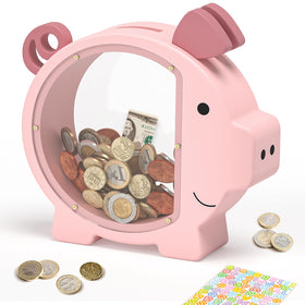 ELX pink piggy bank wooden design helps kids save with a charming room decor piece.