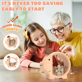 ELX piggy bank highlighting optional name lettering and stickers for personalization.