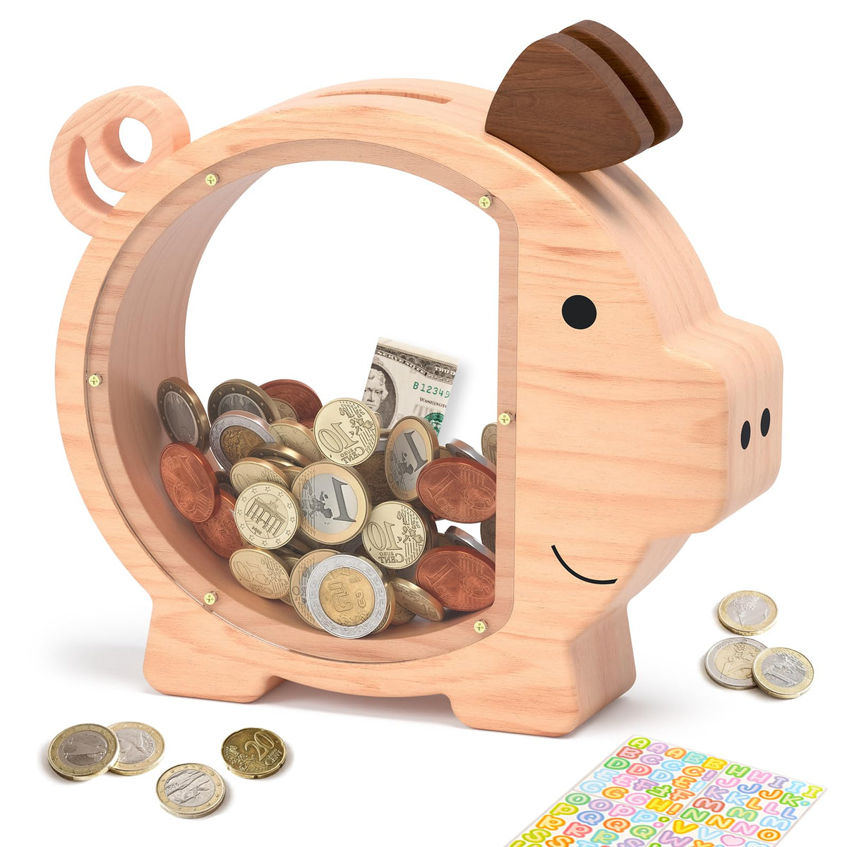 ELX wooden piggy bank with pig design for kids' savings and room decor.