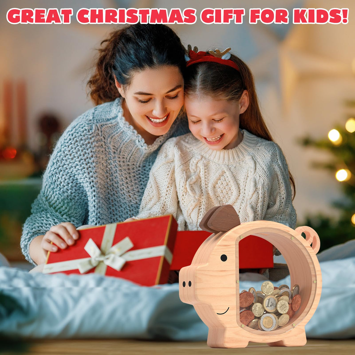 ELX wooden piggy bank displayed as a decorative room centerpiece for kids.