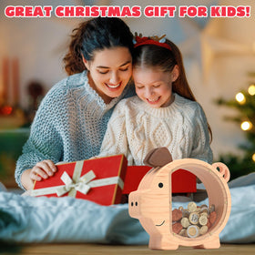 ELX wooden piggy bank displayed as a decorative room centerpiece for kids.