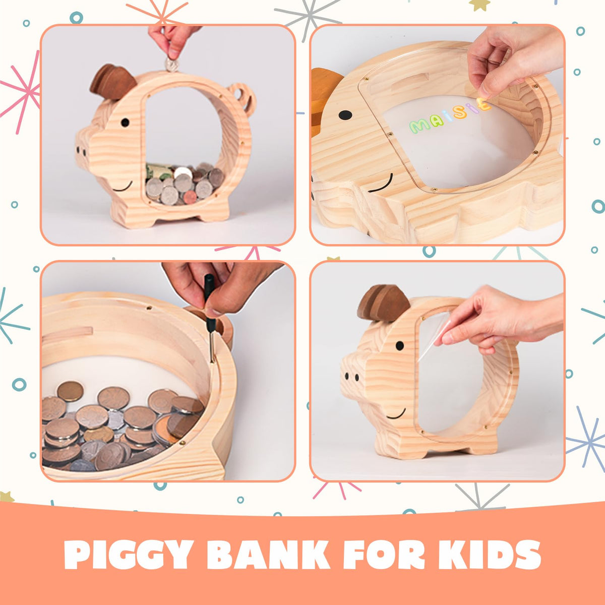 ELX piggy bank showing side screws for easy money retrieval.
