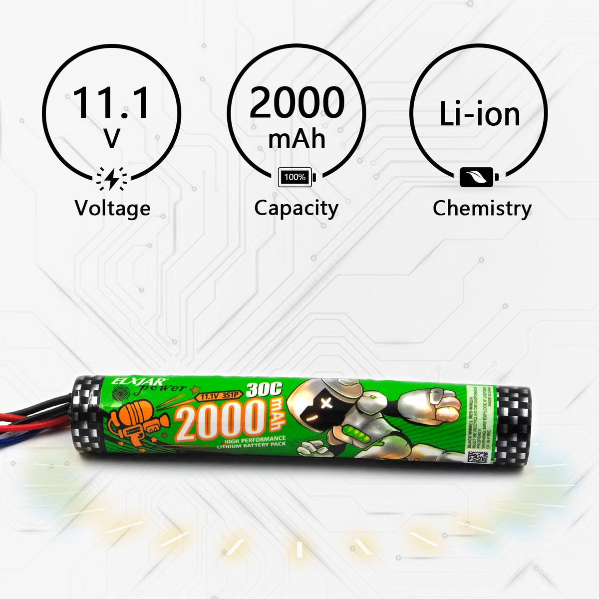 Elxjarpower 30C discharge battery enabling quick bursts for demanding devices.