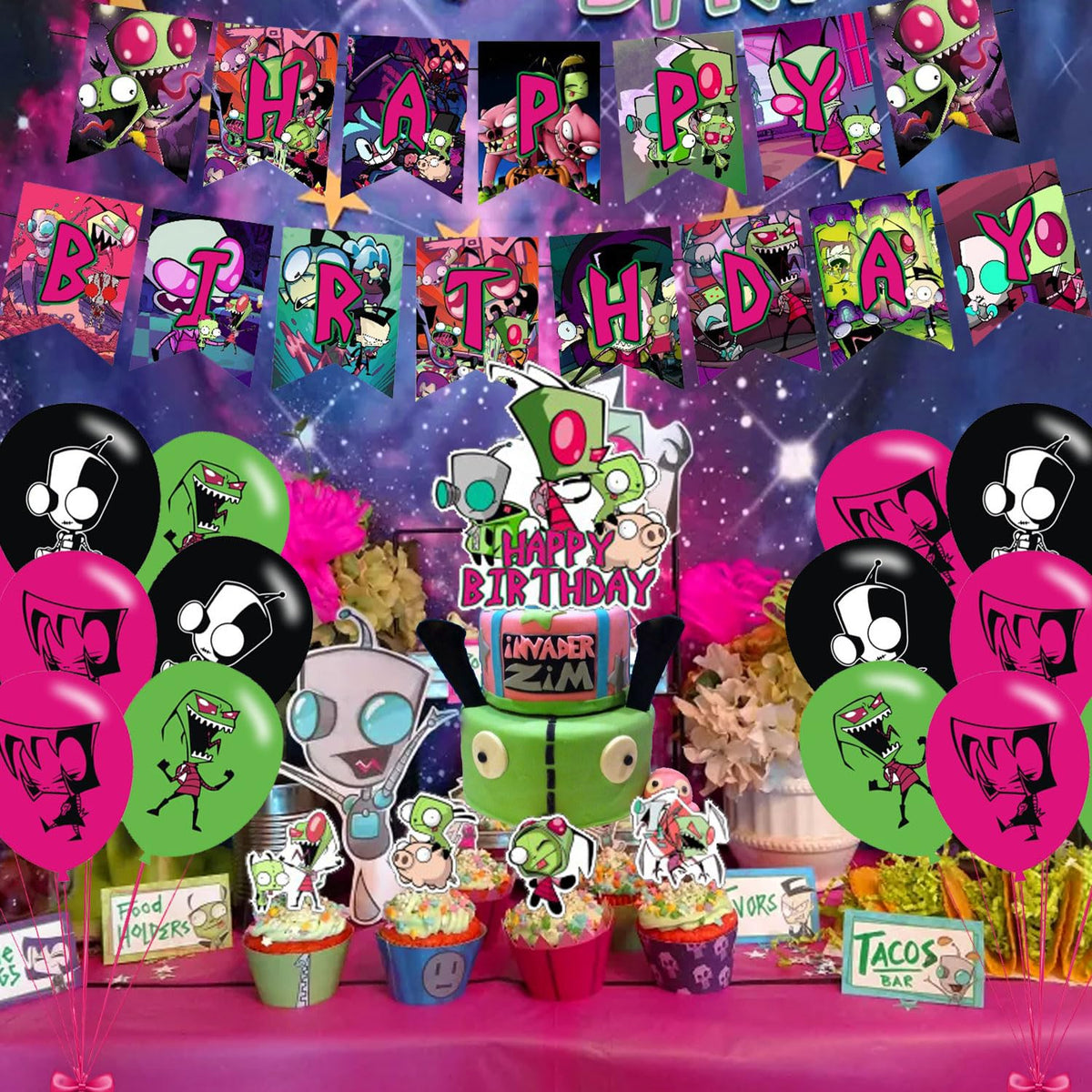 ELZEM Invader Zim cupcake toppers decorate treats with bright flair.