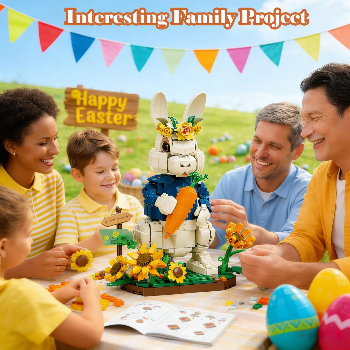 EMANNON Easter Bunny building set sunflower base provides a bright, sunlit display platform.