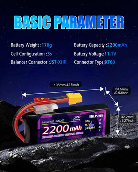 EMEPOVGY 11.1V 3S battery side view, compact fit for tight RC spaces.