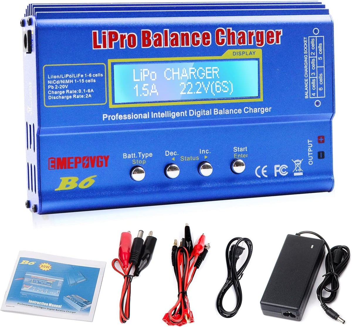 EMEPOVGY B6 charger front view, compact design for safe home RC charging.