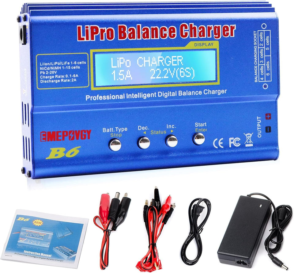 EMEPOVGY B6 charger front view, compact design for safe home RC charging.