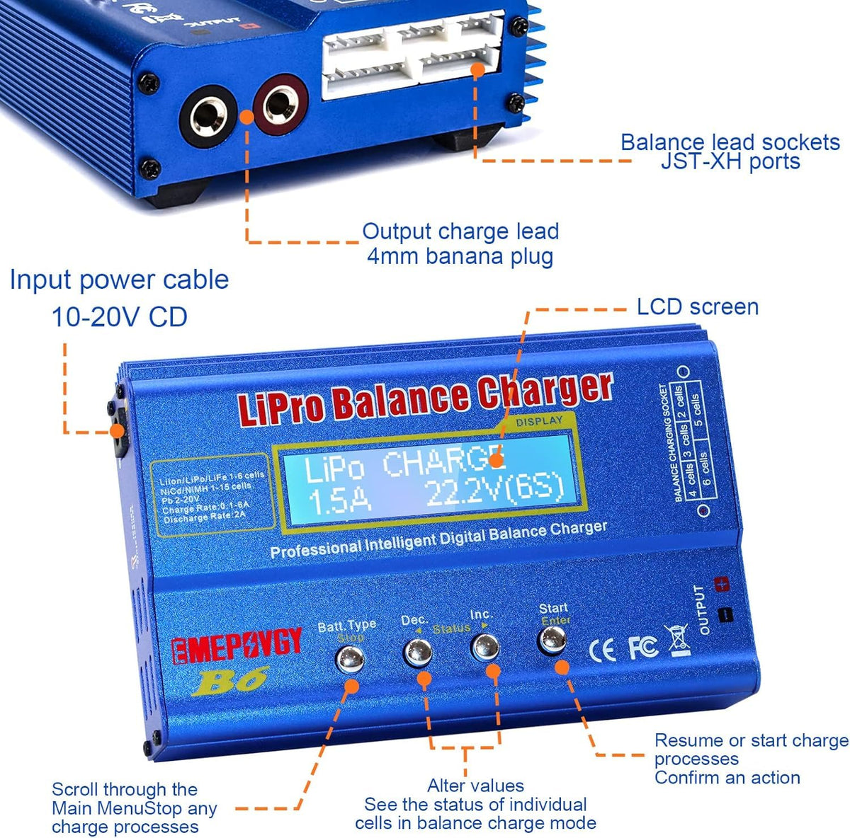 EMEPOVGY B6 balance charger LCD display shows settings and status.