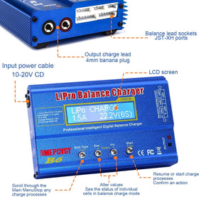 EMEPOVGY B6 balance charger LCD display shows settings and status.