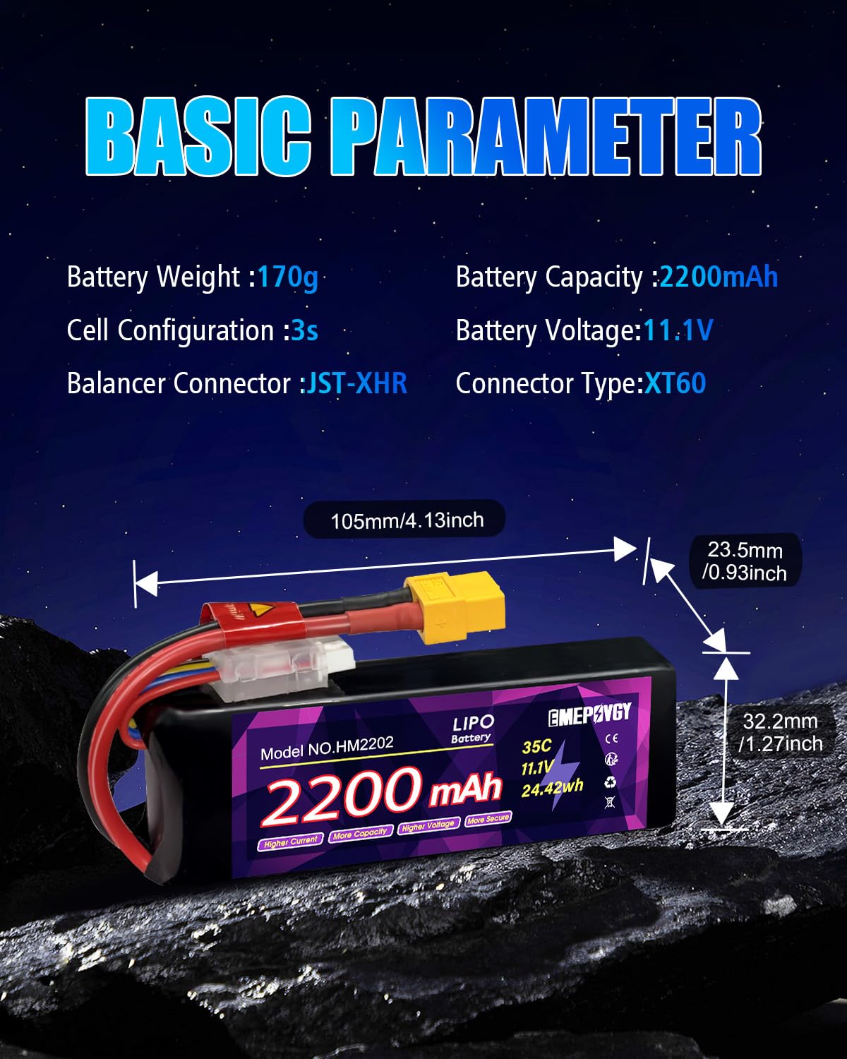 EMEPOVGY 11.1V 3S 2200mAh battery for RC cars and planes.