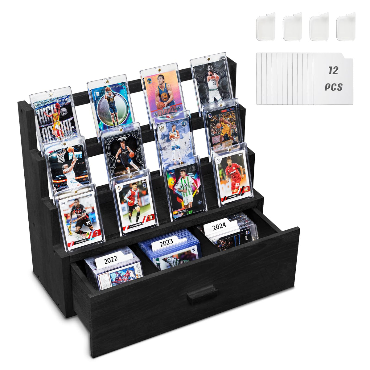 Emfogo 3-tier wood trading card display with rustic elegance