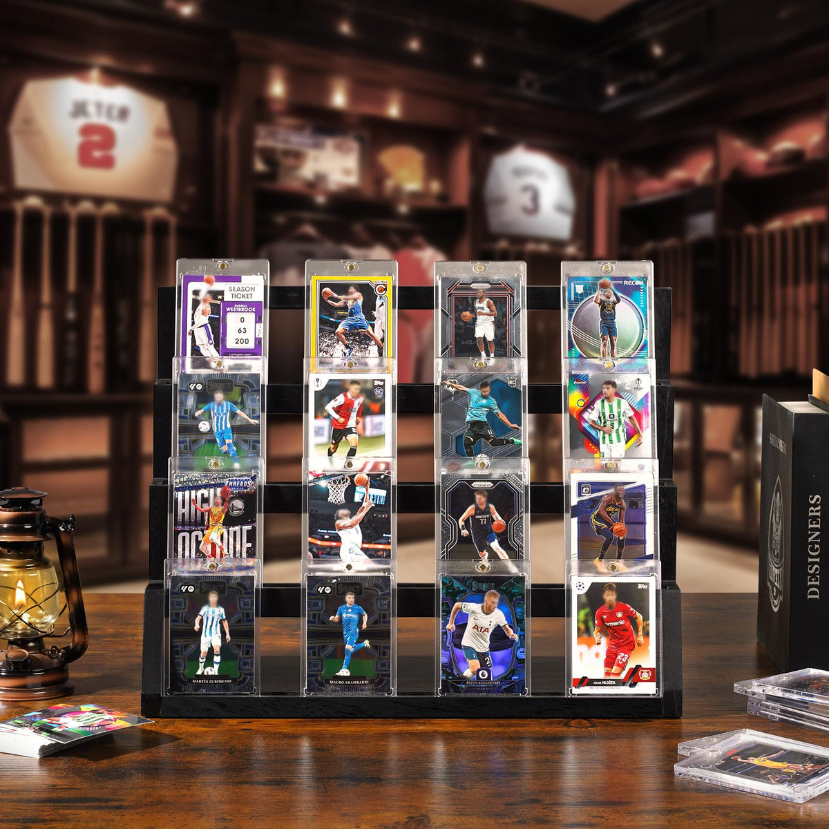 Emfogo Card Display Stand accommodates up to 20 magnetic 35PT holders for flexibility.