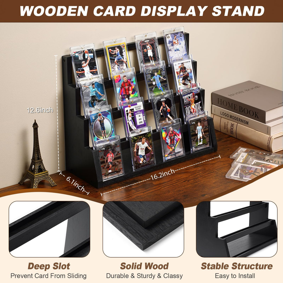 Emfogo Card Display Stand deep slots prevent wobble and protect cards during display.
