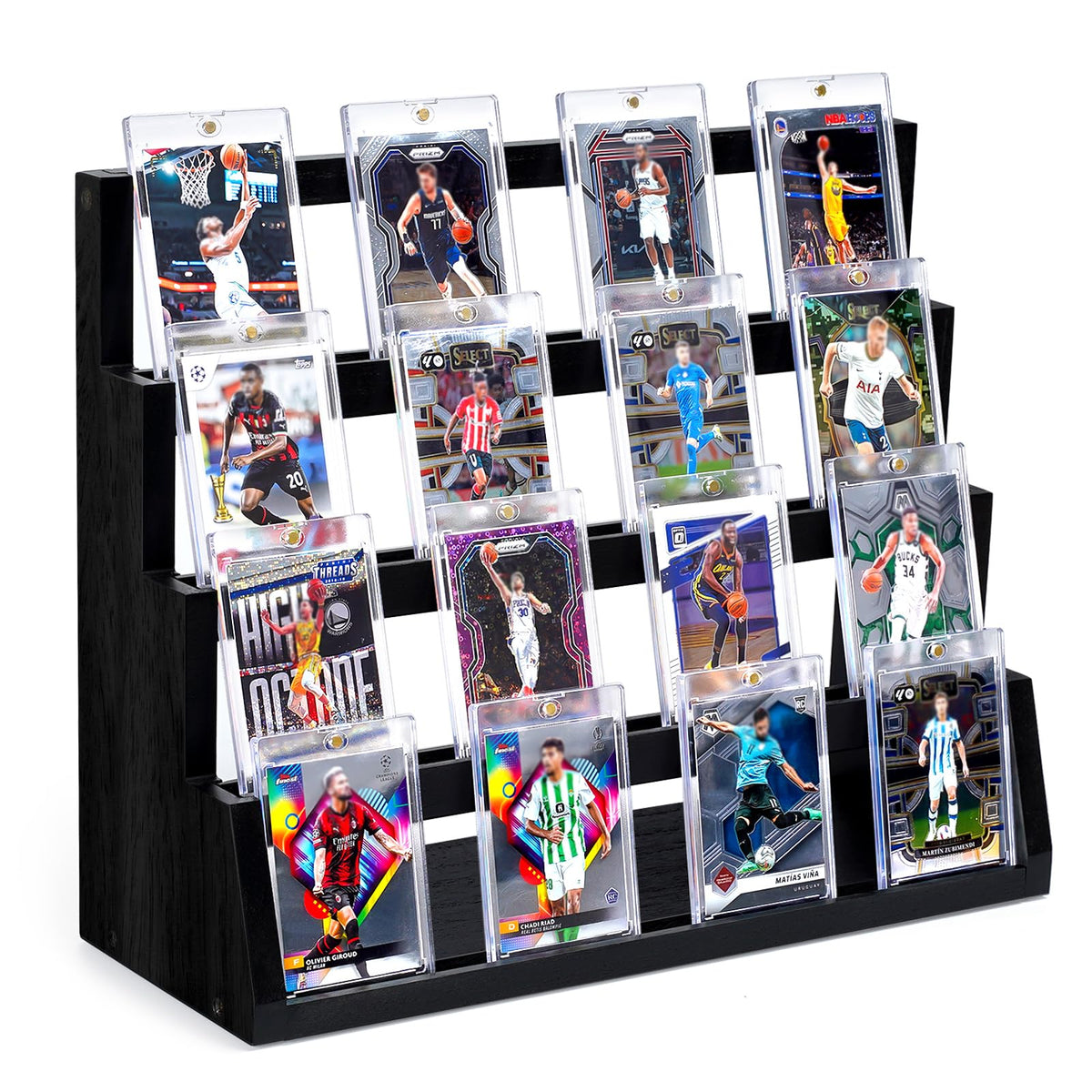 Emfogo Card Display Stand front view shows warm wood grain and four-tier layout for easy organization.