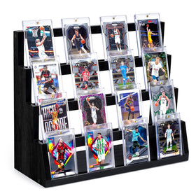 Emfogo Card Display Stand front view shows warm wood grain and four-tier layout for easy organization.