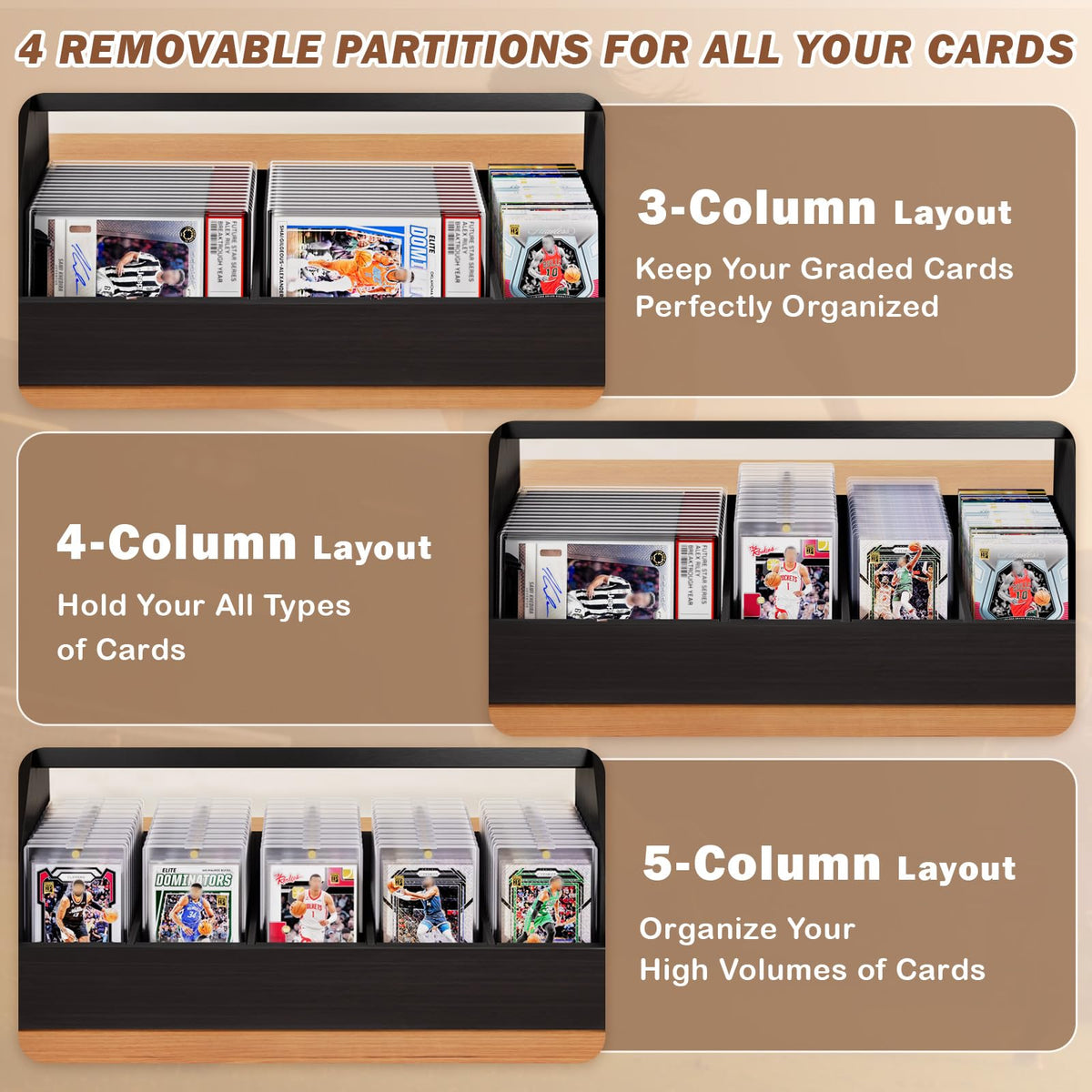 Emfogo display features deep edge slots to prevent card falls and scratches.