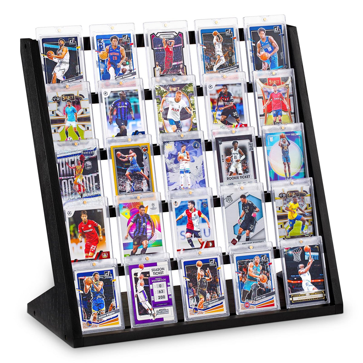 Emfogo 5-tier wooden stand in black showcases graded cards on a desk