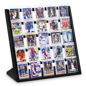 Emfogo 5-tier wooden stand in black showcases graded cards on a desk