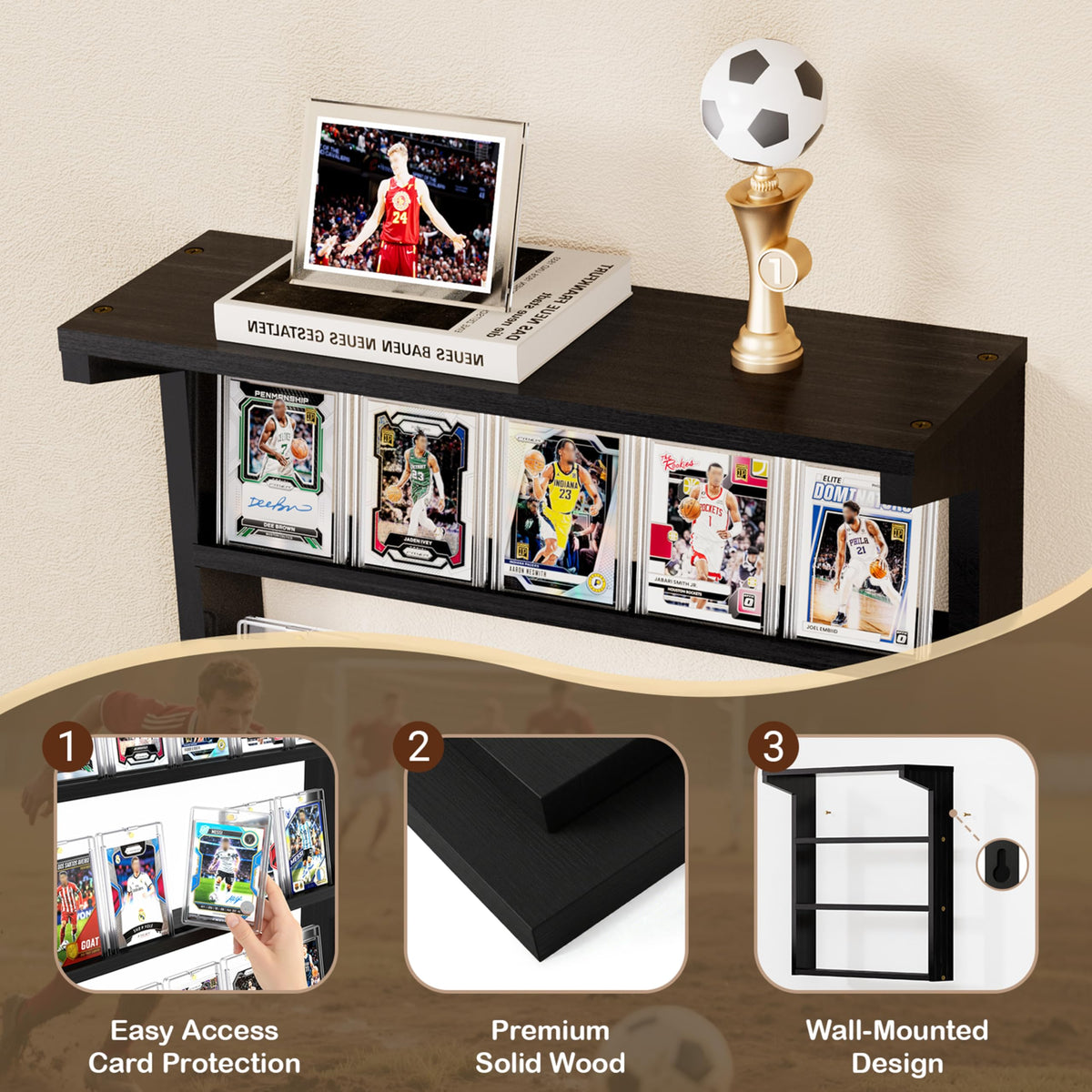 Emfogo solid wood black finish elevates graded card displays.