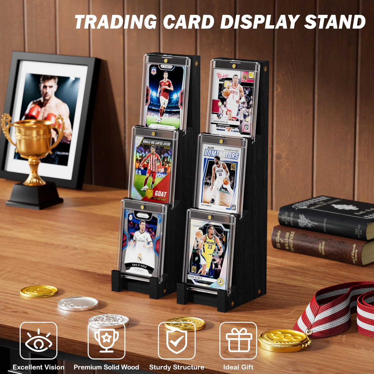 Close up of Emfogo wooden 3 tier card display highlighting grain and finish