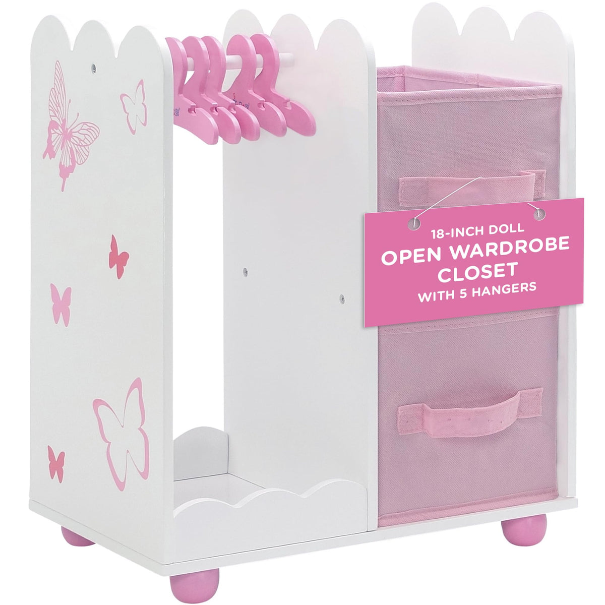 Emily Rose 18-inch doll open wardrobe with butterfly accents for tidy outfits and easy access.
