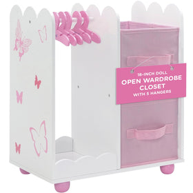 Emily Rose 18-inch doll open wardrobe with butterfly accents for tidy outfits and easy access.