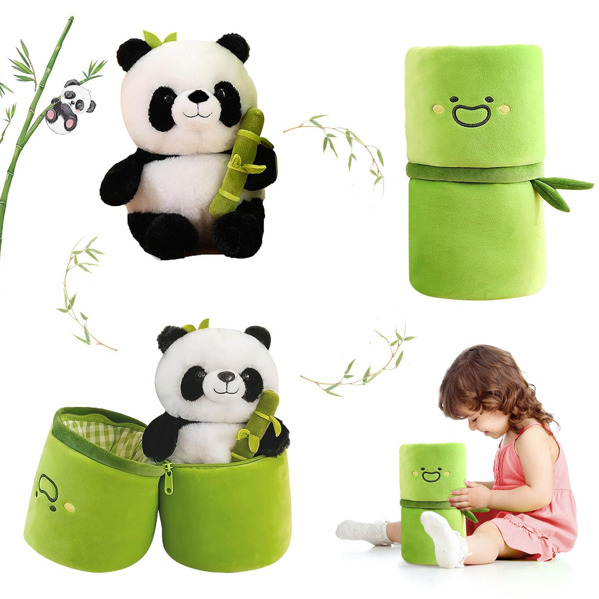 Bamboo storage bag opens to store panda toy, keeping space tidy.