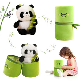 Bamboo storage bag opens to store panda toy, keeping space tidy.