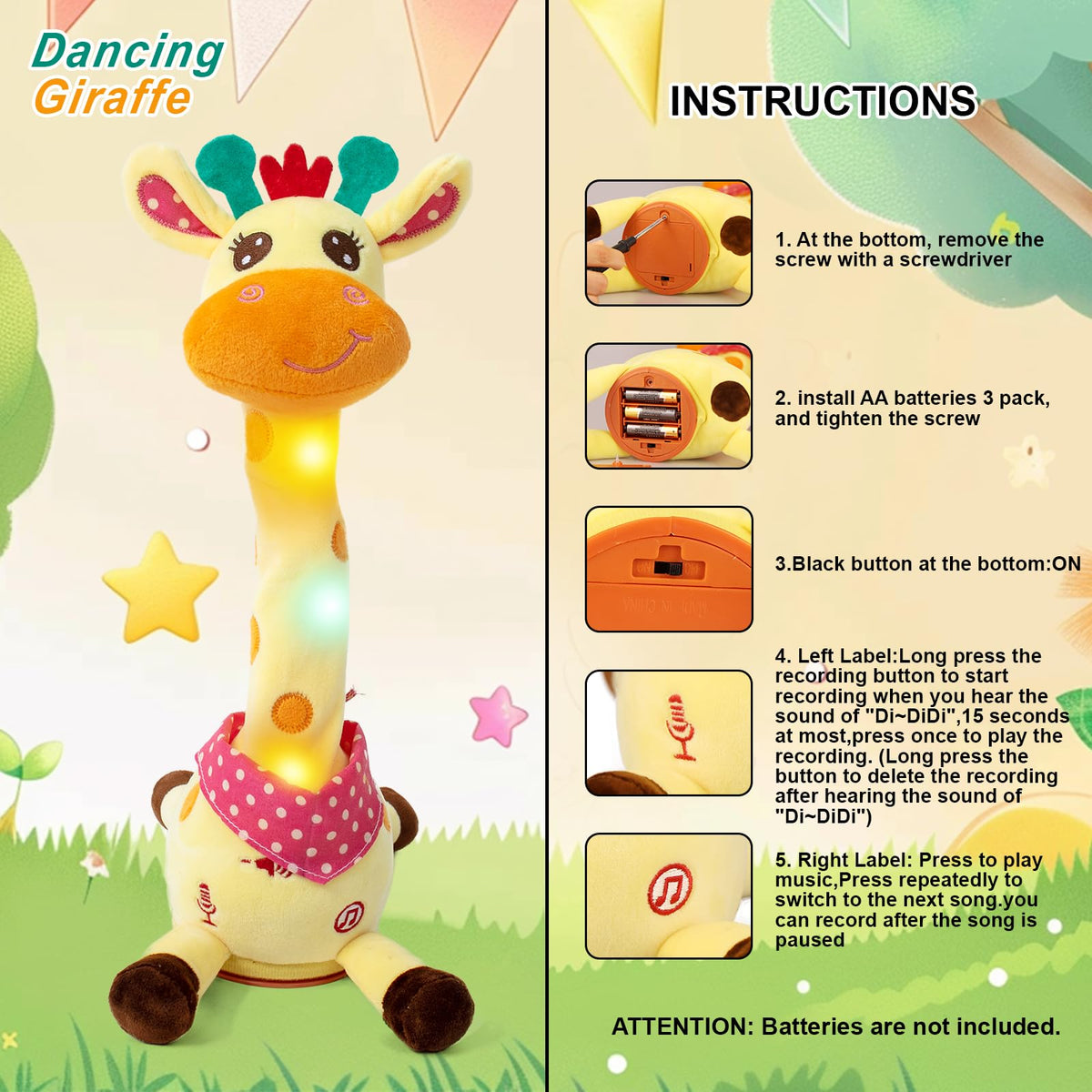 Emoin giraffe toy buttons allow quick song selection.