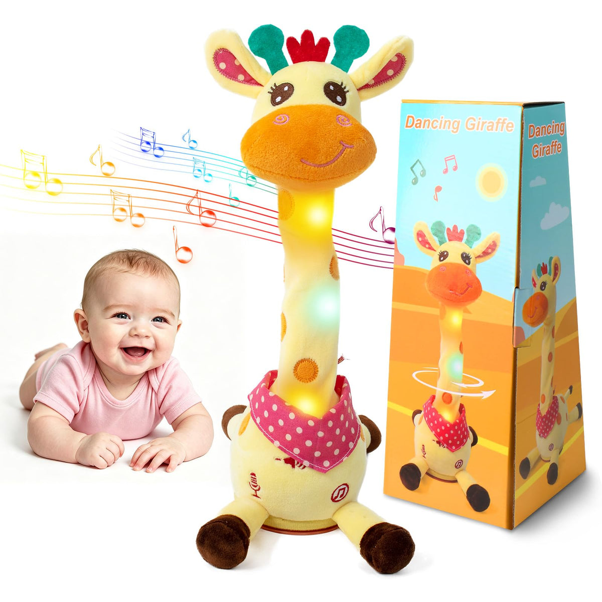 Emoin dancing giraffe toy face engages babies during playtime.