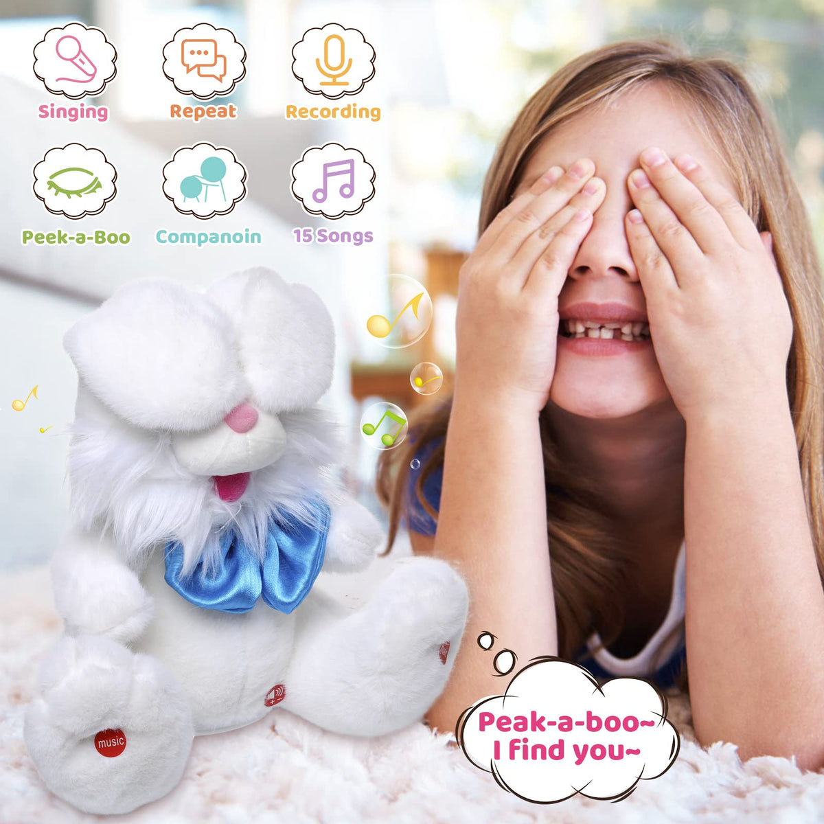 Emoin Easter Bunny plush side view, portable cuddly companion