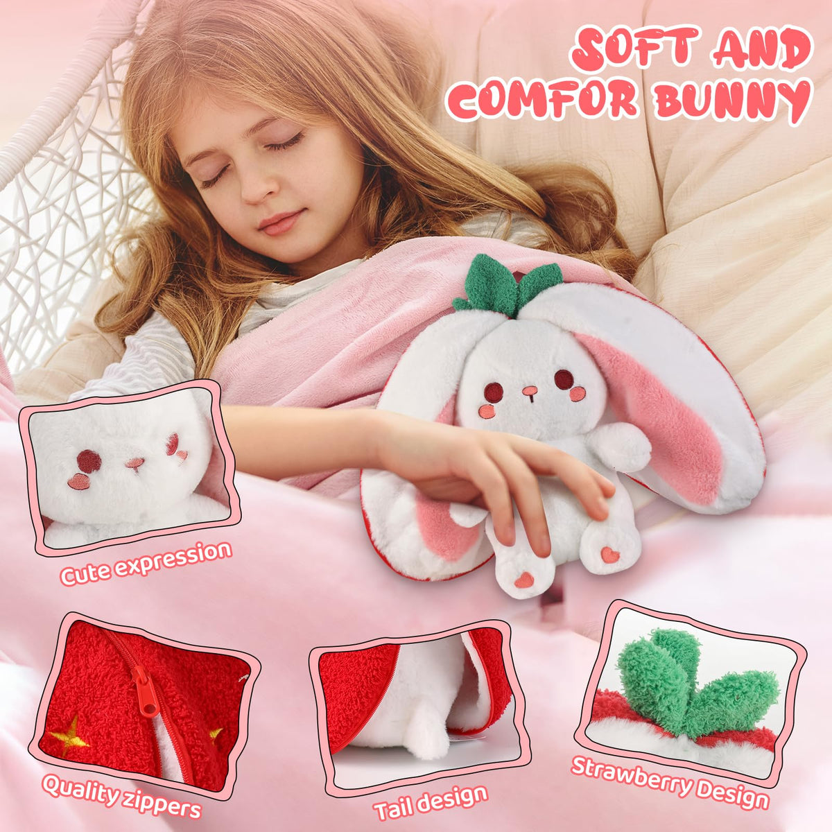 Emoin Easter reversible bunny two-in-one flip highlighting fluffy white rabbit and strawberry form