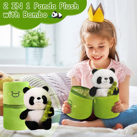 Panda toy unzips to reveal second plush for imaginative play.