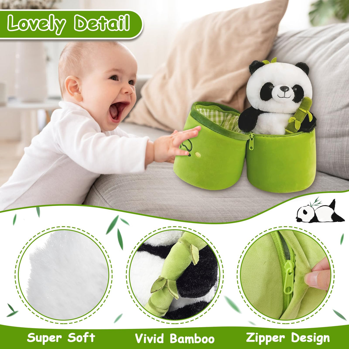 Emoin two-sided panda showing bamboo motif and cuddly panda side.