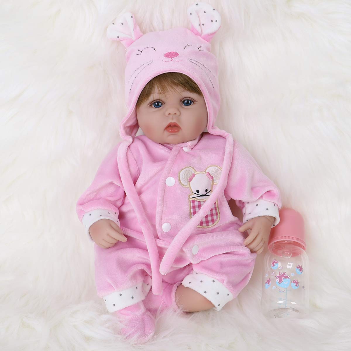 ENADOLL Pink Mouse Baby face with blue eyes for lifelike imaginative play.