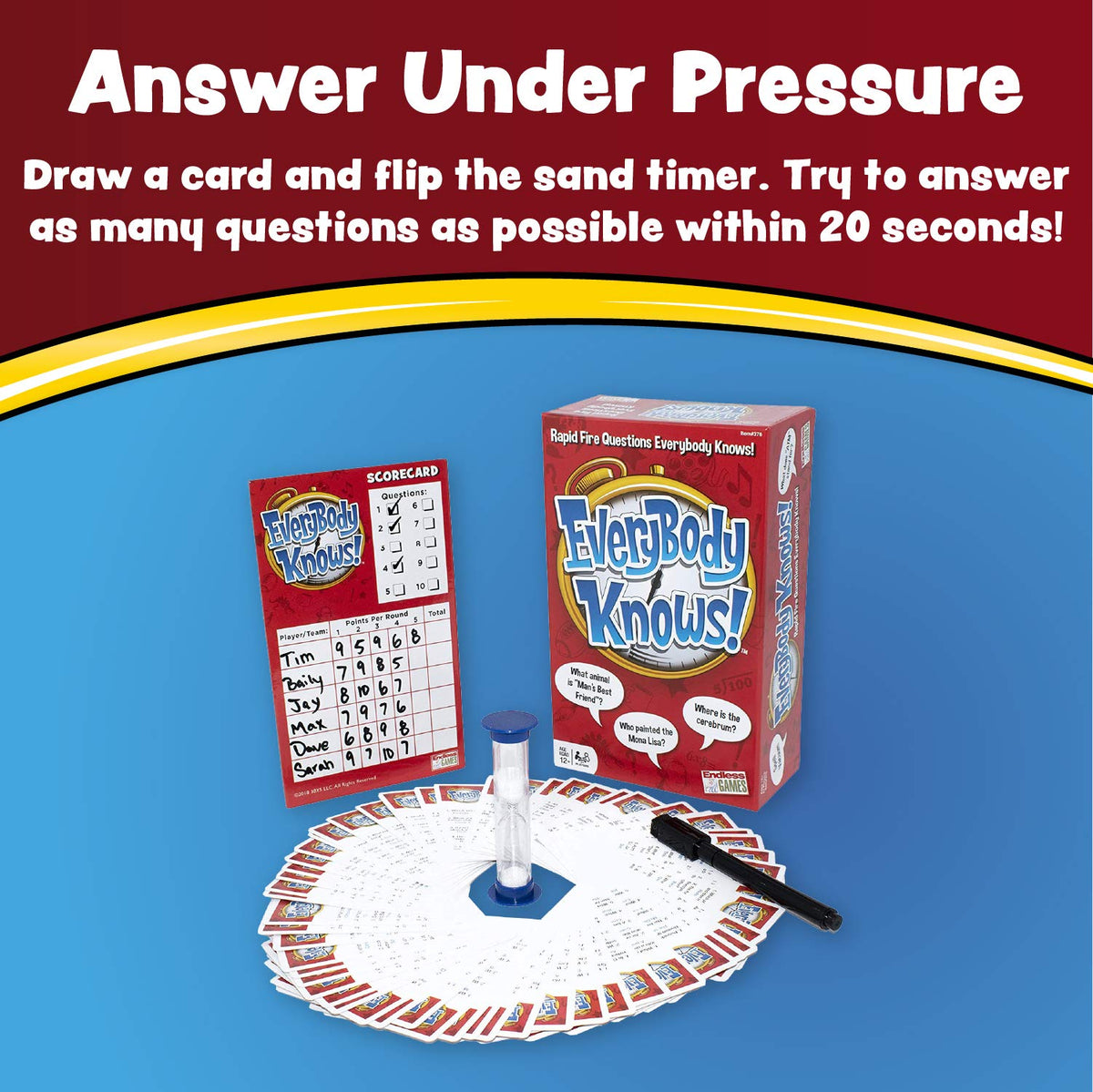 Endless Games Everybody Knows! card pack with 500 questions for diverse topics.