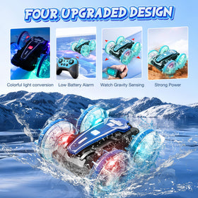 ENERHAMP Amphibious RC Car performs 360° rotations for dynamic stunts.