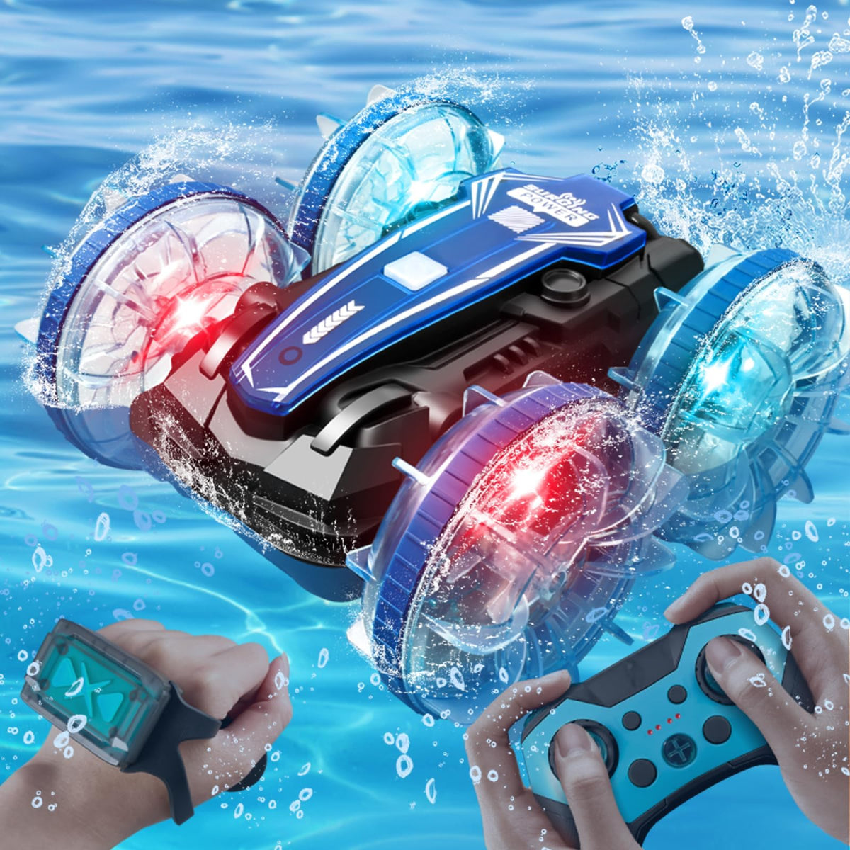 ENERHAMP Amphibious RC Car transitions from land to water for versatile play.