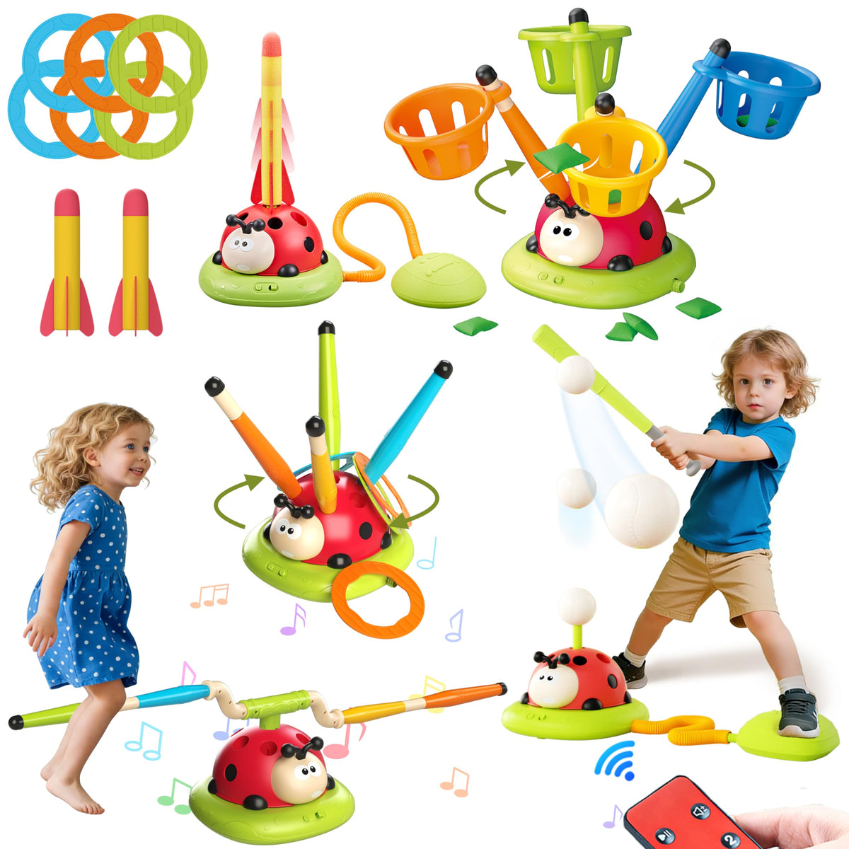 Engfa 5-in-1 musical jump unit for outdoor play with rocket launcher