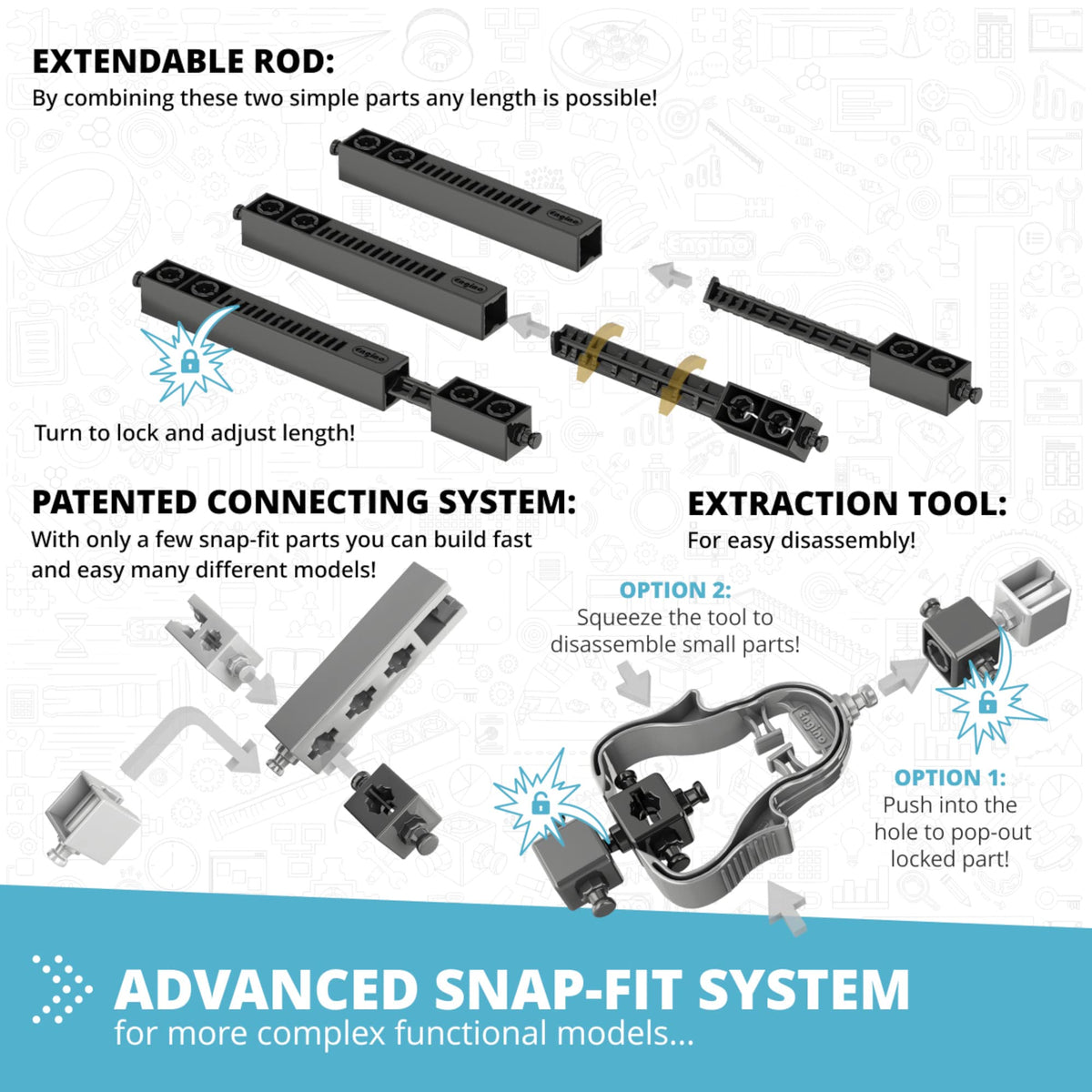 Engino precision-parts-kit emphasizing snap-fit connections for creative engineering.