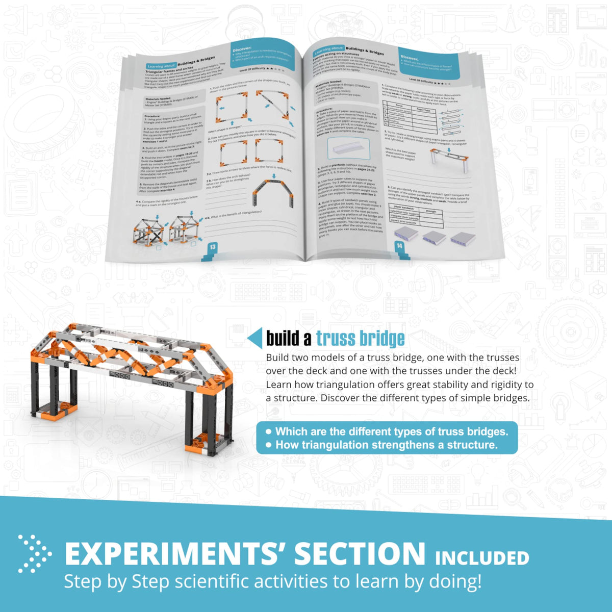 Engino truss-bridge-model teaching triangulated support systems.
