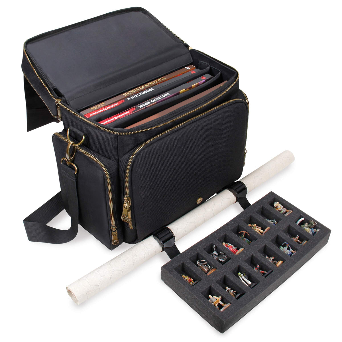 ENHANCE Tabletop DnD Bag fits 4–8 books and minis together.