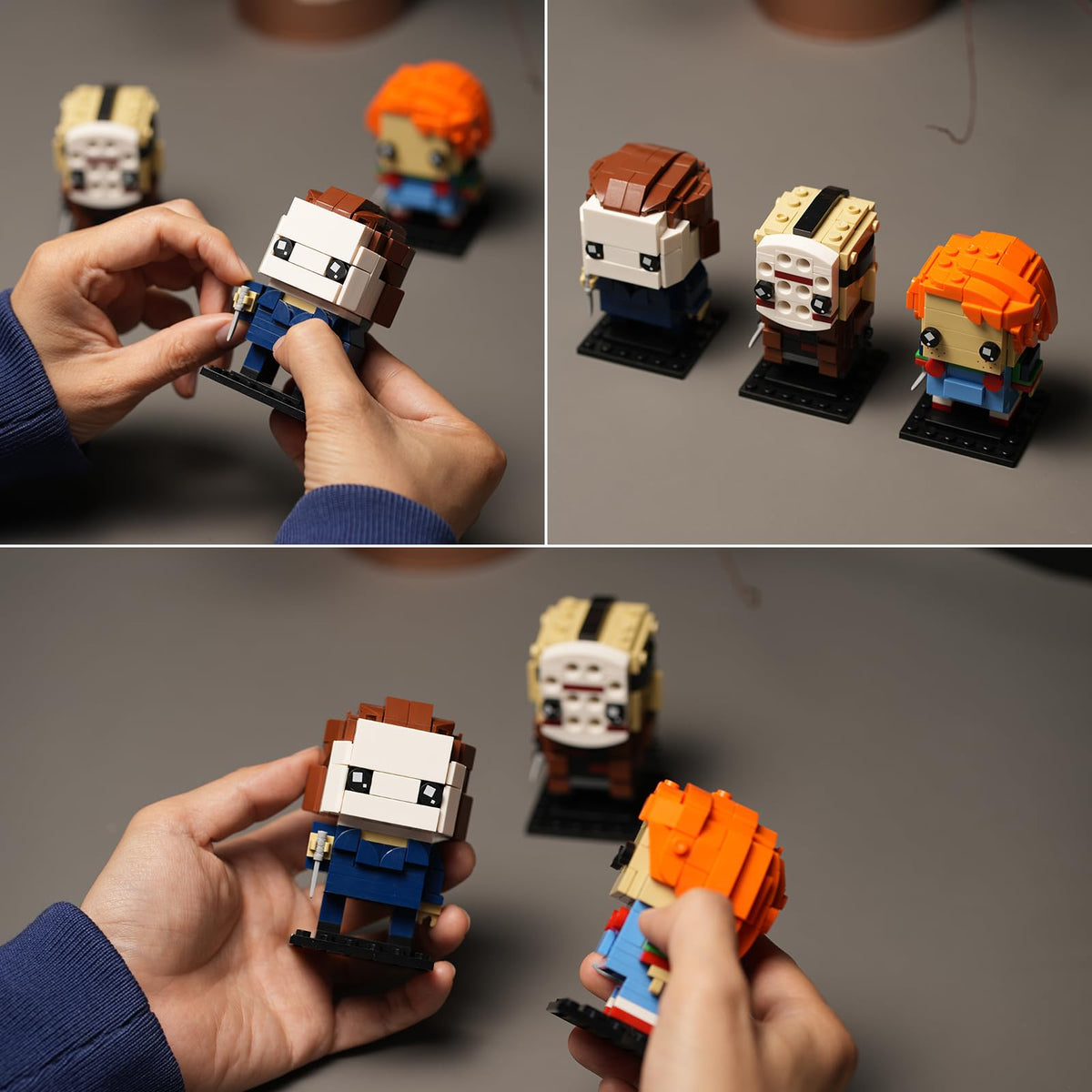 Assembled ENJBRICK figures showcased as spooky display pieces