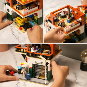 ENJBRICK car repair shop interior detail, vivid realism for a shelf display or storytelling