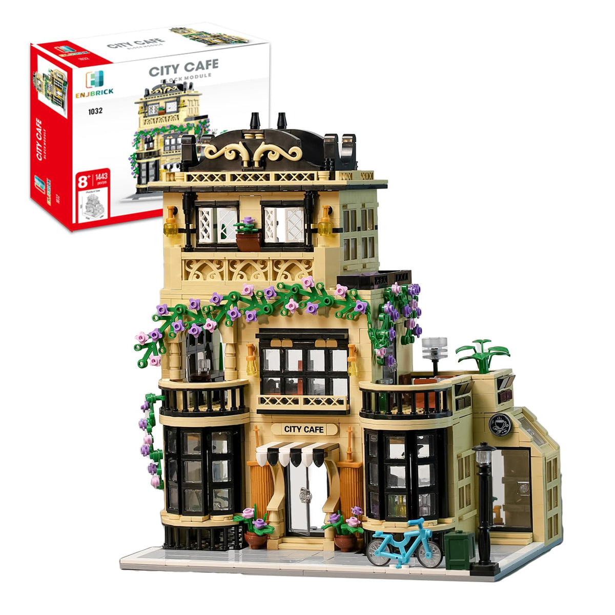 ENJBRICK Flowers City Coffee Shop front view, ideal for imaginative play.