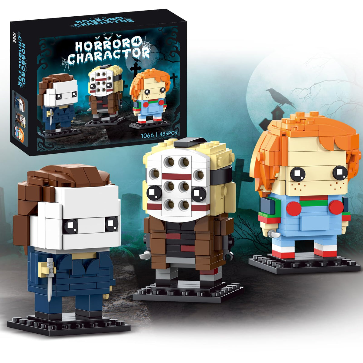ENJBRICK horror trio figures displayed on a shelf for dramatic desk decor