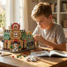 ENJBRICK Parisian Garden Hotel building set detailed interior featuring gourmet kitchen and dining.